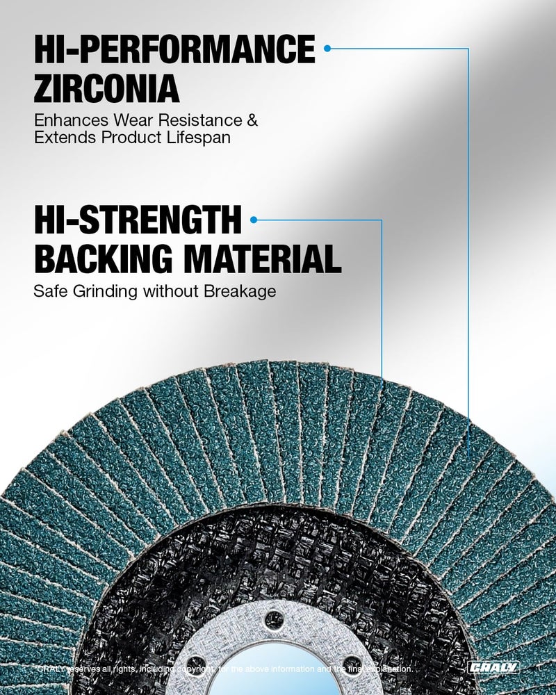 CRALY 4-1/2 Inch Flap Disc, 7/8 in Arbor, 40 Grit, Type 29 Premium Zirconia Sanding Disc for Angle Grinder, Hi-Performance Abrasive Grinding Wheel for Stainless Steel, Metal Sanding & Finishing, 10PC - Image 5